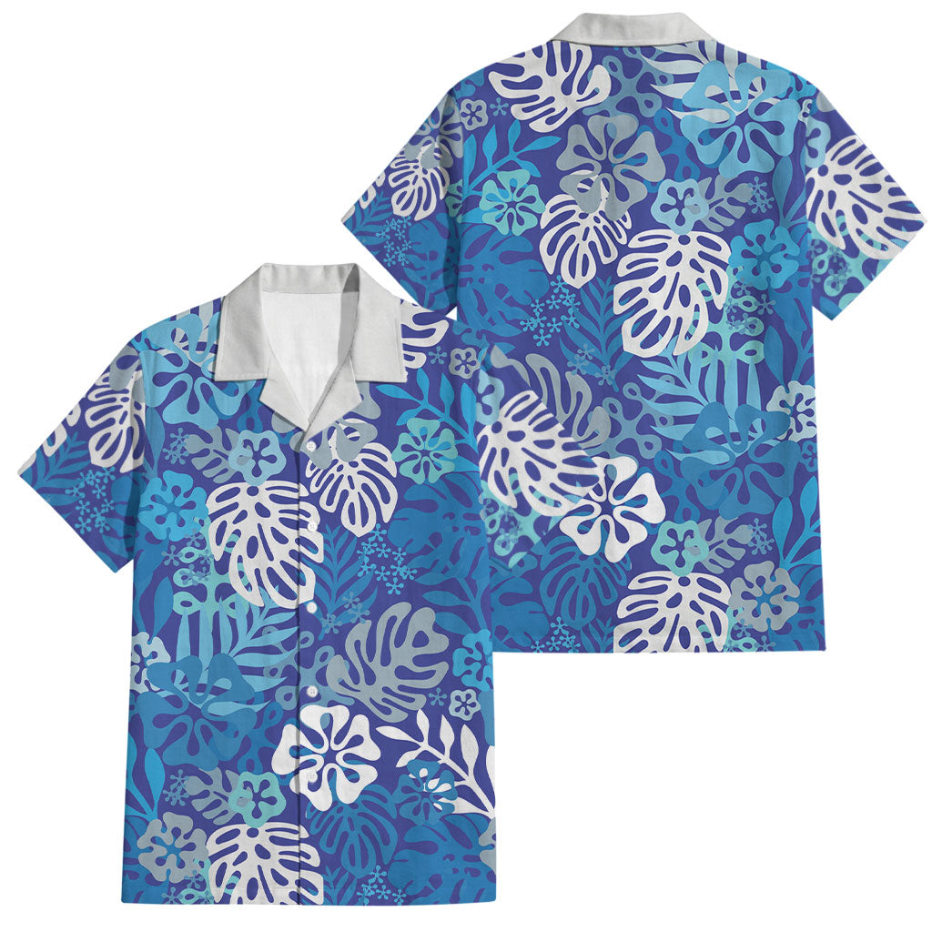 Blue Aloha Hawaiian Family Matching Off The Shoulder Long Sleeve Dress and Hawaiian Shirt Monstera Hibiscus Tropical Pattern