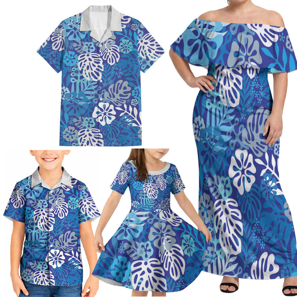 Blue Aloha Hawaiian Family Matching Off Shoulder Maxi Dress and Hawaiian Shirt Monstera Hibiscus Tropical Pattern LT19 - Polynesian Pride