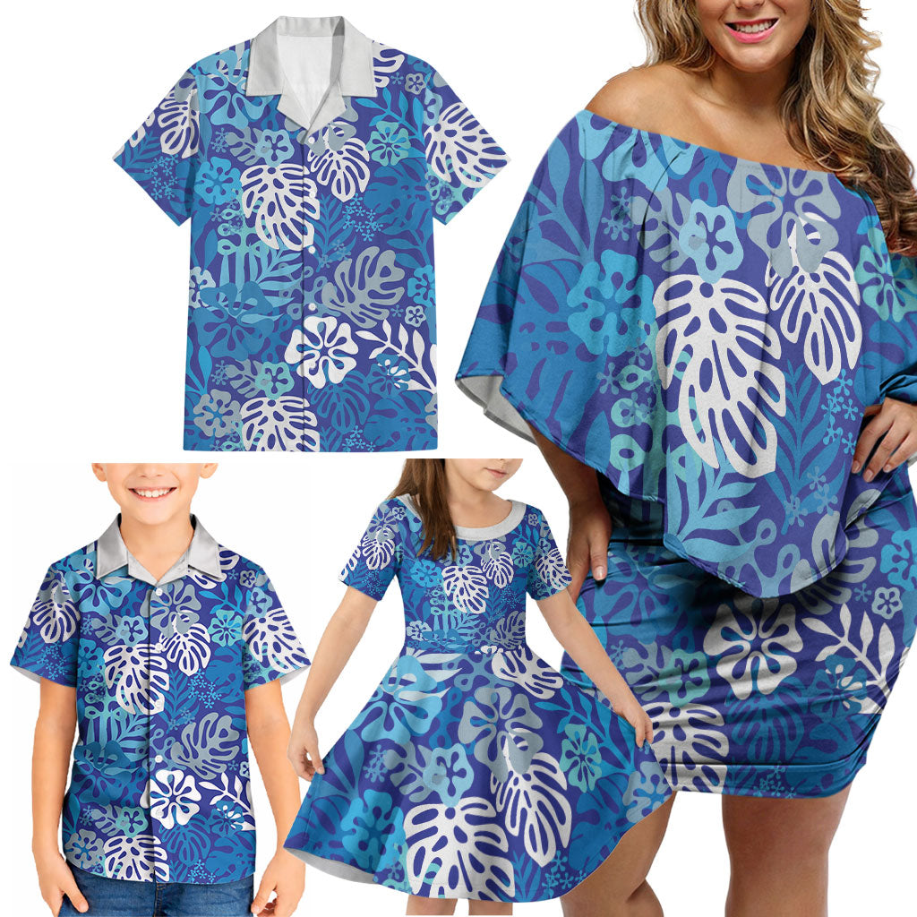 Blue Aloha Hawaiian Family Matching Off Shoulder Short Dress and Hawaiian Shirt Monstera Hibiscus Tropical Pattern