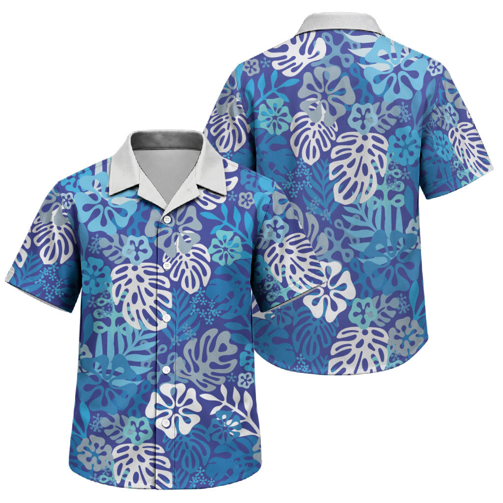 Blue Aloha Hawaiian Family Matching Short Sleeve Bodycon Dress and Hawaiian Shirt Monstera Hibiscus Tropical Pattern