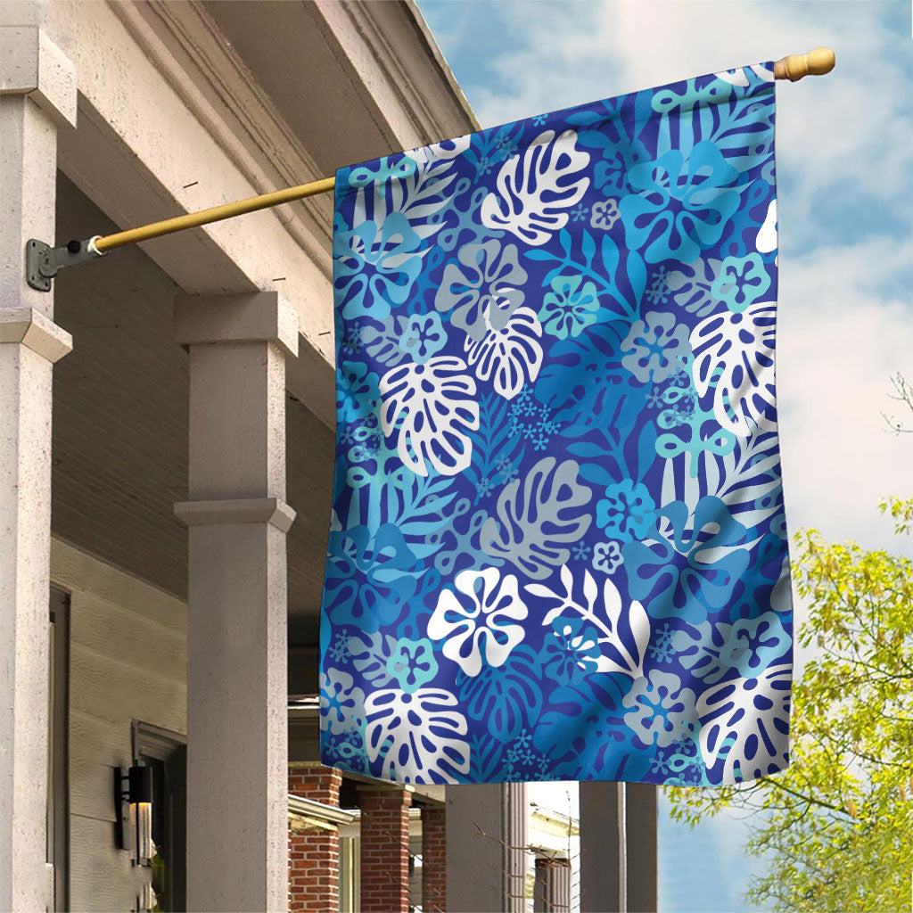 Blue Aloha Hawaiian Garden Flag Monstera Hibiscus Tropical Pattern