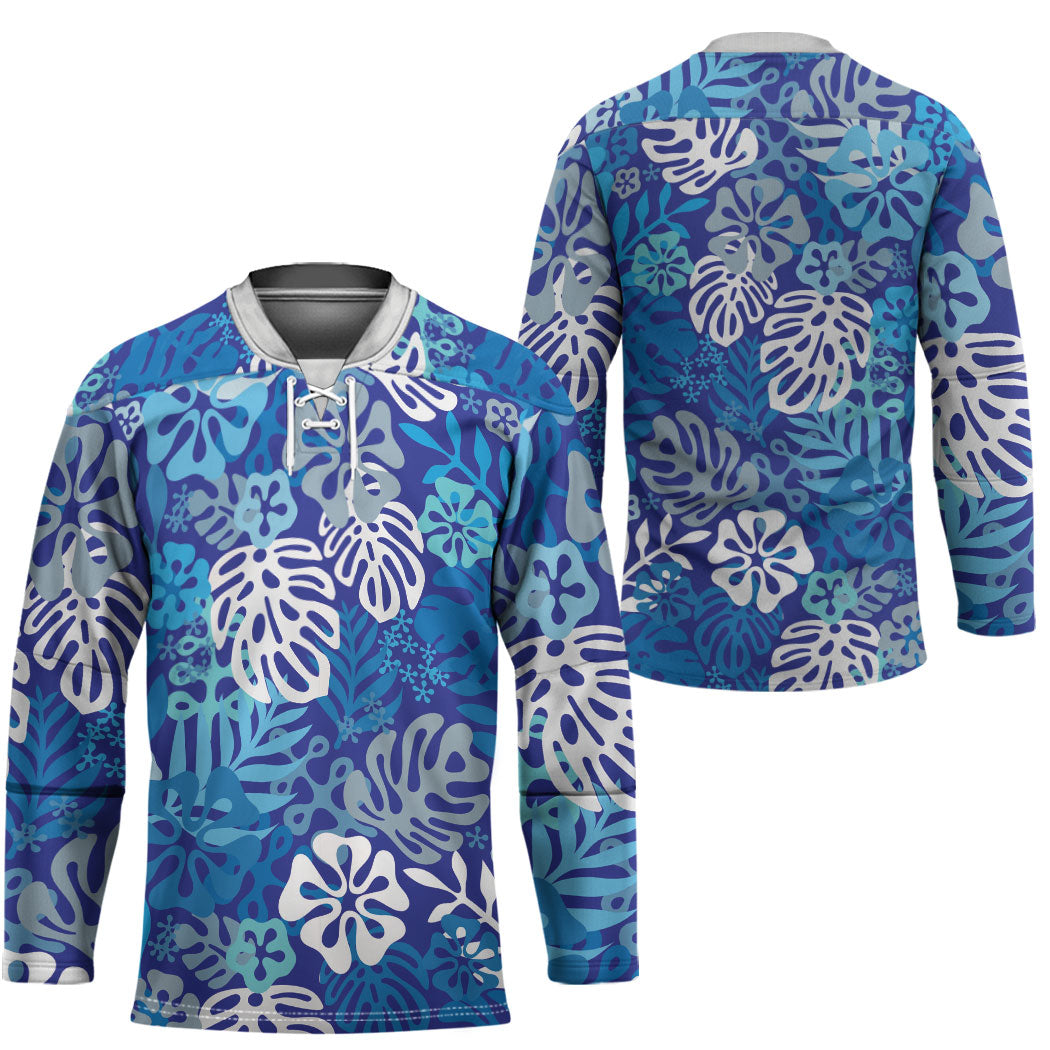 Blue Aloha Hawaiian Hockey Jersey Monstera Hibiscus Tropical Pattern