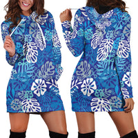 Blue Aloha Hawaiian Hoodie Dress Monstera Hibiscus Tropical Pattern