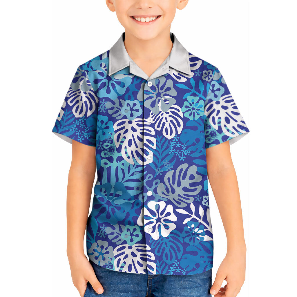 Blue Aloha Hawaiian Kid Hawaiian Shirt Monstera Hibiscus Tropical Pattern