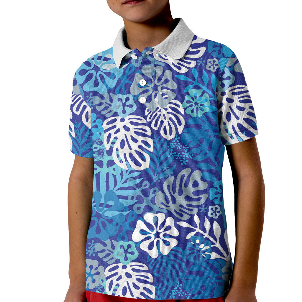 Blue Aloha Hawaiian Kid Polo Shirt Monstera Hibiscus Tropical Pattern