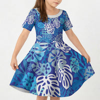 Blue Aloha Hawaiian Kid Short Sleeve Dress Monstera Hibiscus Tropical Pattern