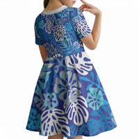 Blue Aloha Hawaiian Kid Short Sleeve Dress Monstera Hibiscus Tropical Pattern