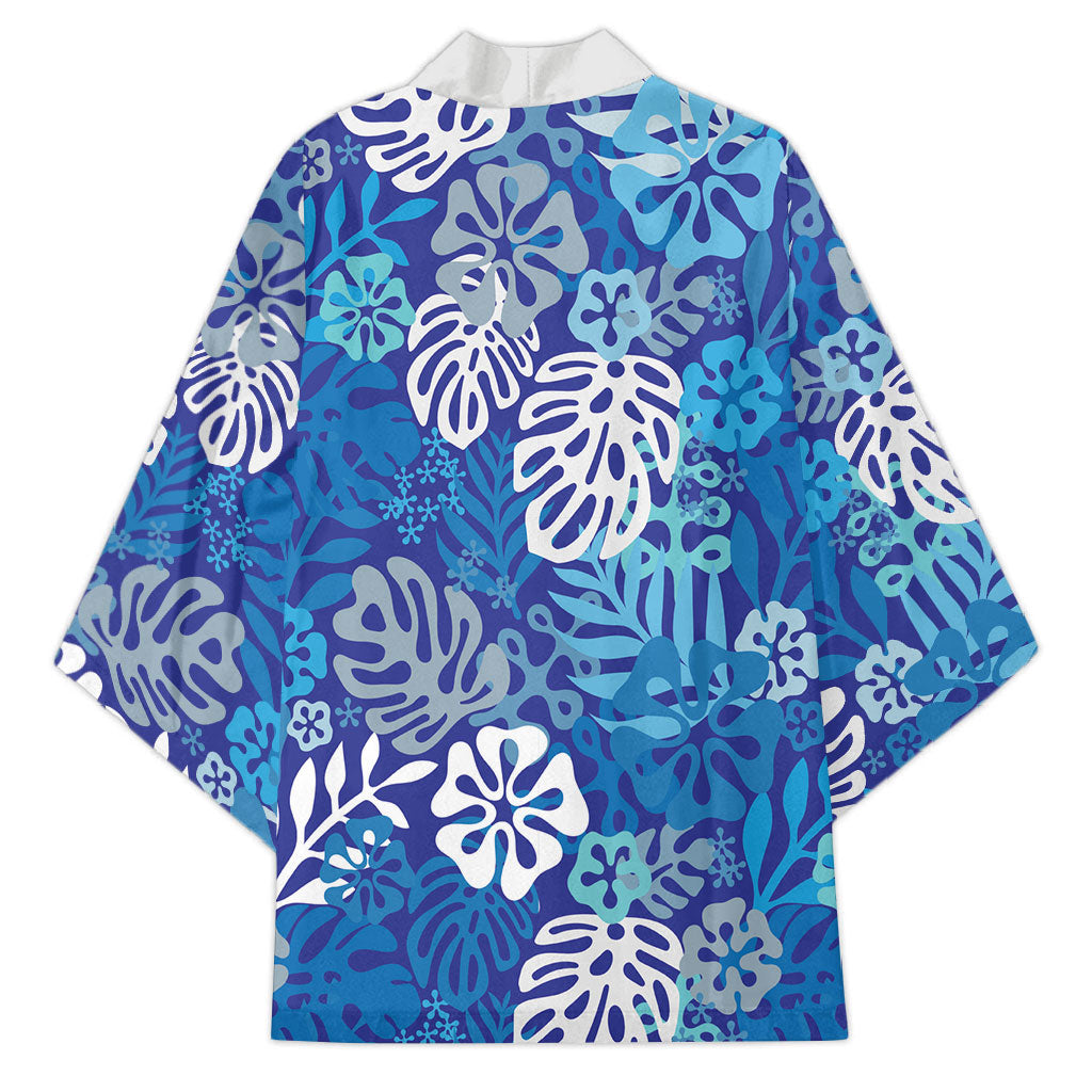 Blue Aloha Hawaiian Kimono Monstera Hibiscus Tropical Pattern