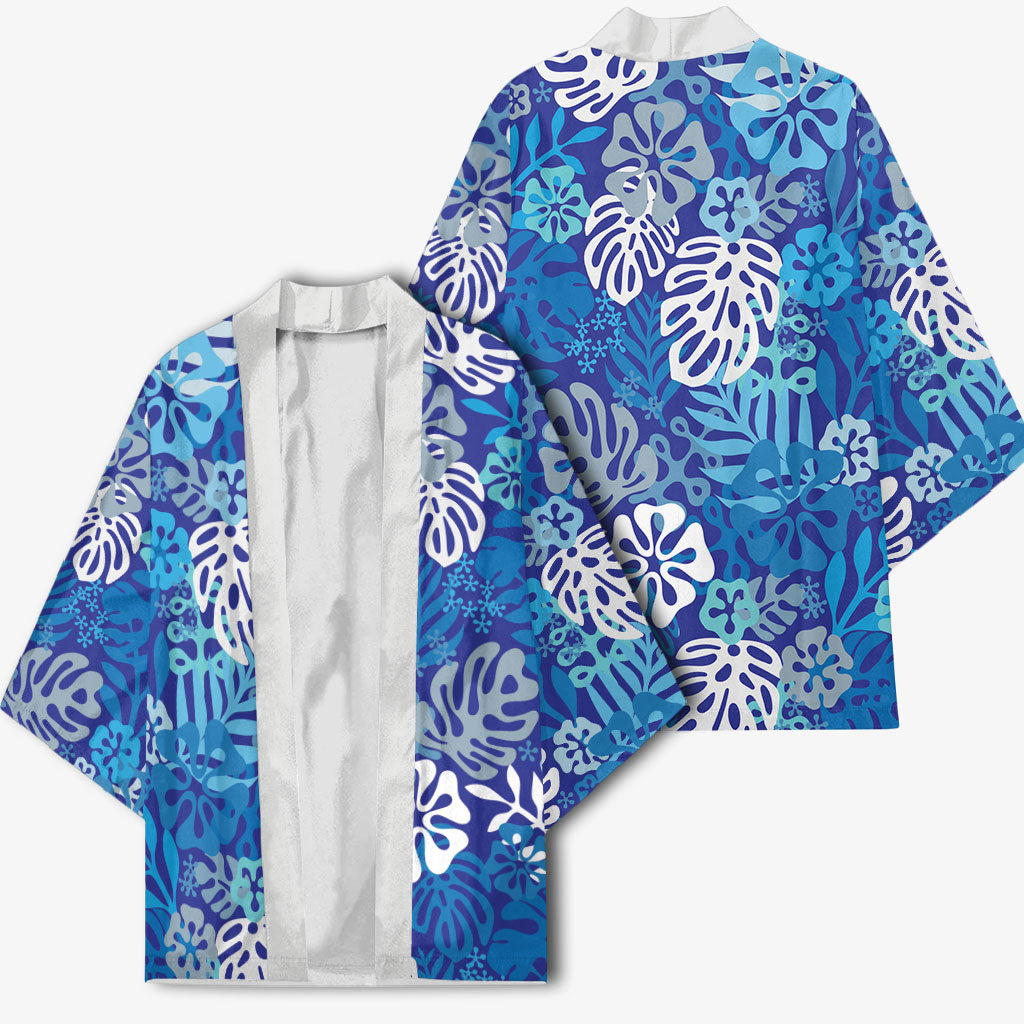 Blue Aloha Hawaiian Kimono Monstera Hibiscus Tropical Pattern