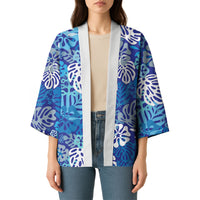 Blue Aloha Hawaiian Kimono Monstera Hibiscus Tropical Pattern