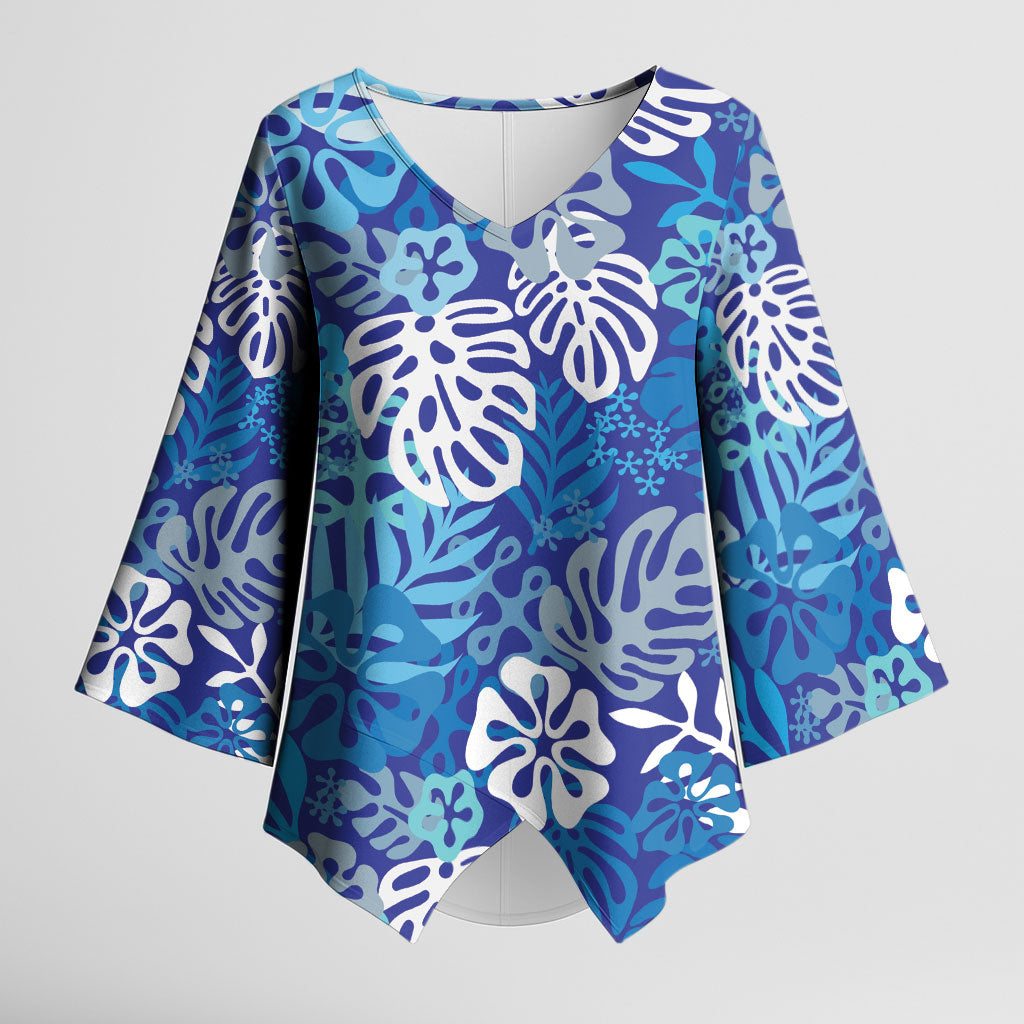 Blue Aloha Hawaiian Kimono Sleeve Blouse Monstera Hibiscus Tropical Pattern