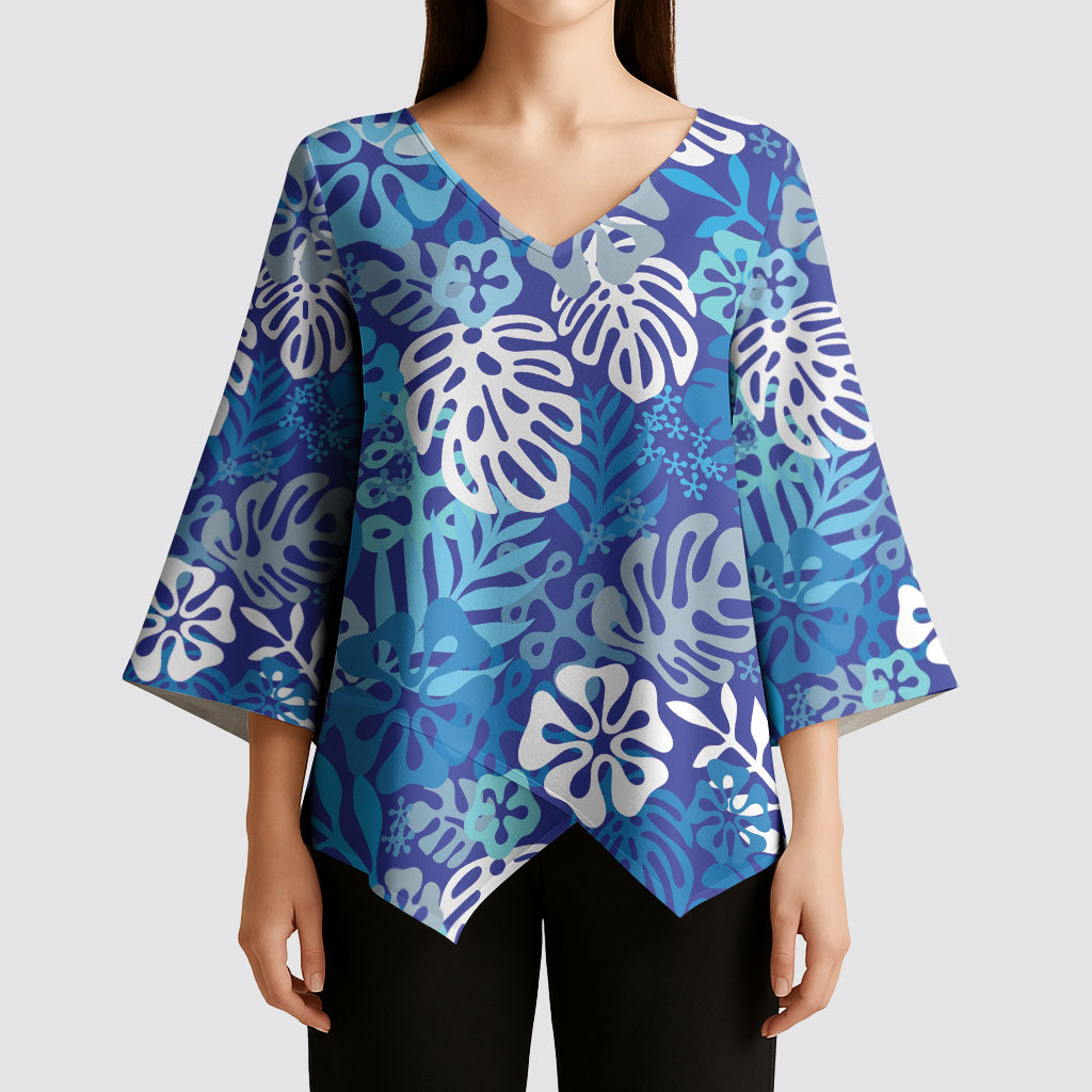 Blue Aloha Hawaiian Kimono Sleeve Blouse Monstera Hibiscus Tropical Pattern