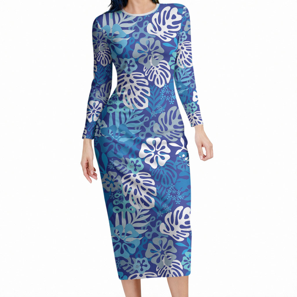 Blue Aloha Hawaiian Long Sleeve Bodycon Dress Monstera Hibiscus Tropical Pattern LT19 Long Dress Blue - Polynesian Pride