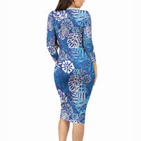 Blue Aloha Hawaiian Long Sleeve Bodycon Dress Monstera Hibiscus Tropical Pattern LT19 - Polynesian Pride