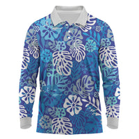 Blue Aloha Hawaiian Long Sleeve Polo Shirt Monstera Hibiscus Tropical Pattern