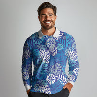 Blue Aloha Hawaiian Long Sleeve Polo Shirt Monstera Hibiscus Tropical Pattern