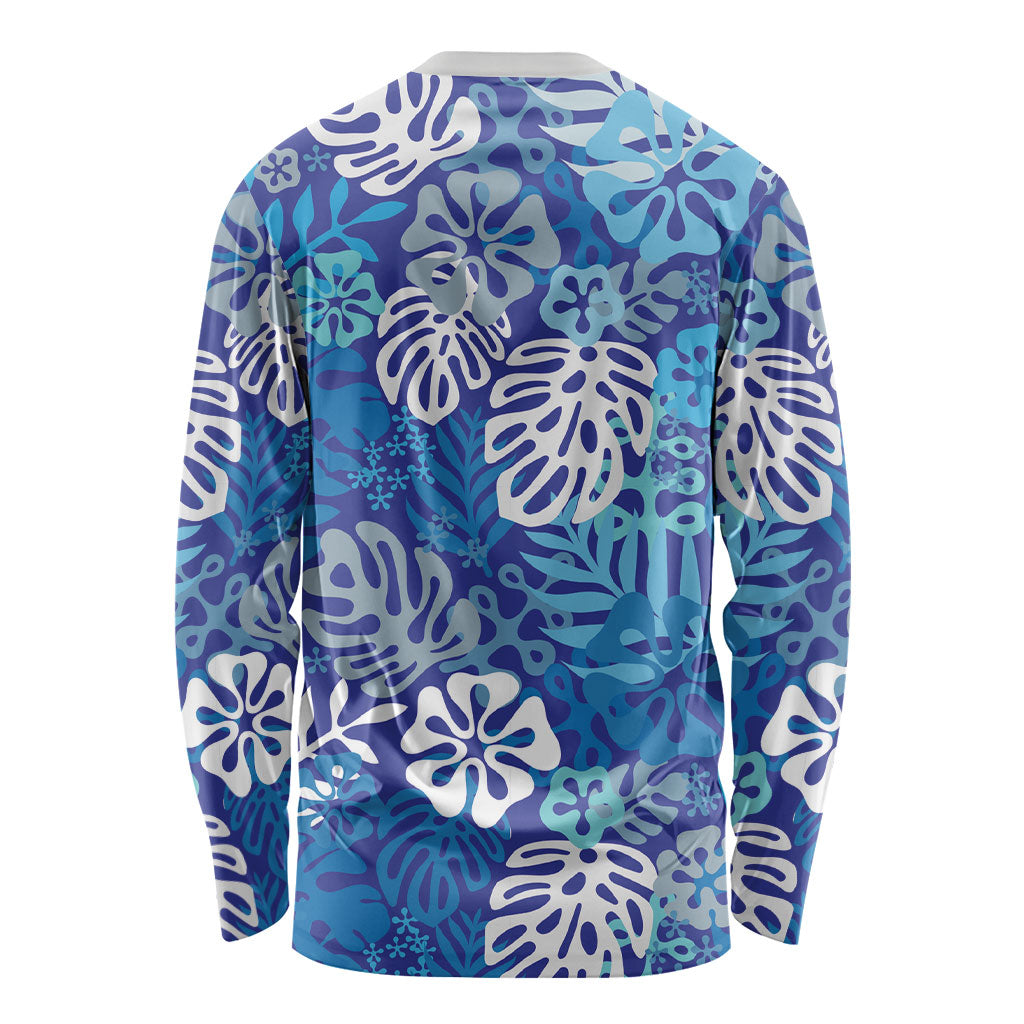 Blue Aloha Hawaiian Long Sleeve Shirt Monstera Hibiscus Tropical Pattern