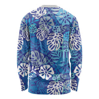 Blue Aloha Hawaiian Long Sleeve Shirt Monstera Hibiscus Tropical Pattern