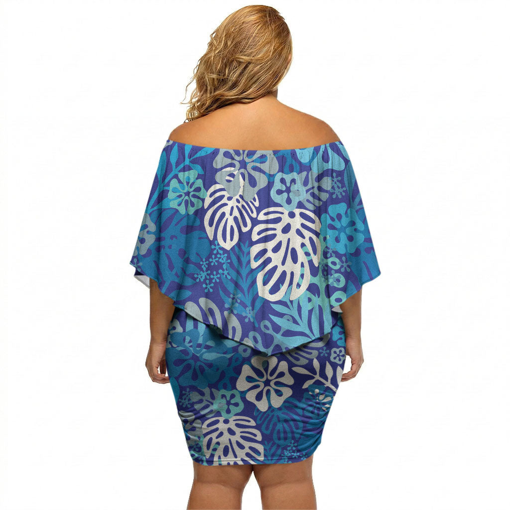 Blue Aloha Hawaiian Off Shoulder Short Dress Monstera Hibiscus Tropical Pattern