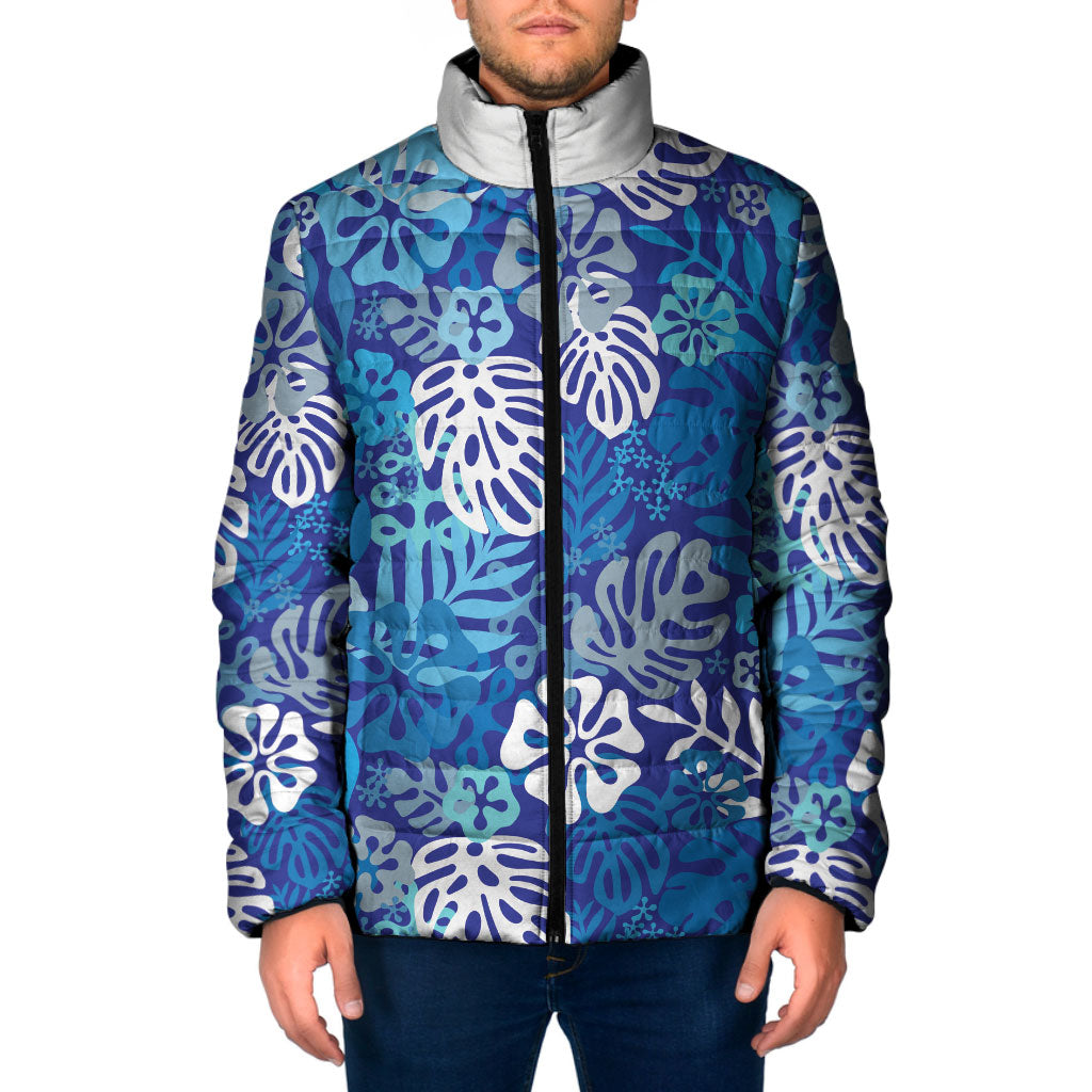 Blue Aloha Hawaiian Padded Jacket Monstera Hibiscus Tropical Pattern