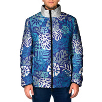 Blue Aloha Hawaiian Padded Jacket Monstera Hibiscus Tropical Pattern