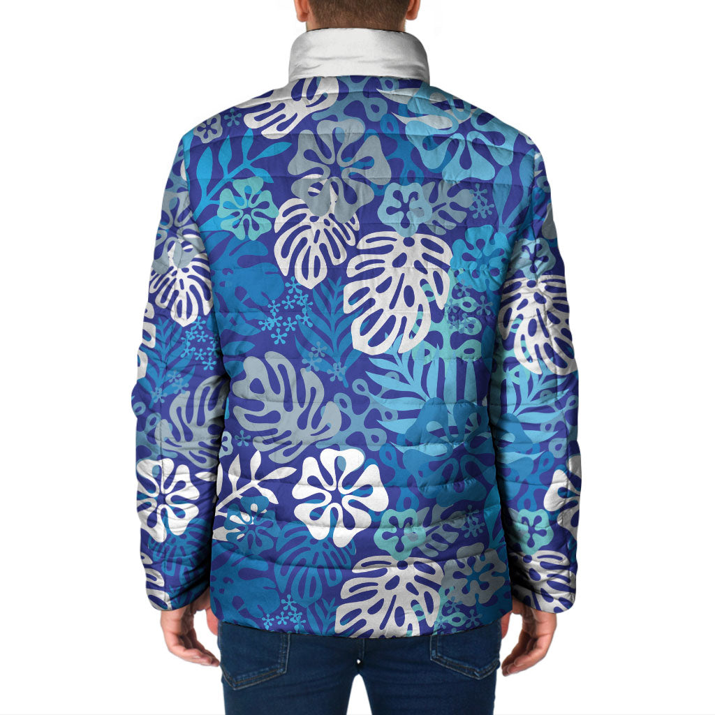 Blue Aloha Hawaiian Padded Jacket Monstera Hibiscus Tropical Pattern