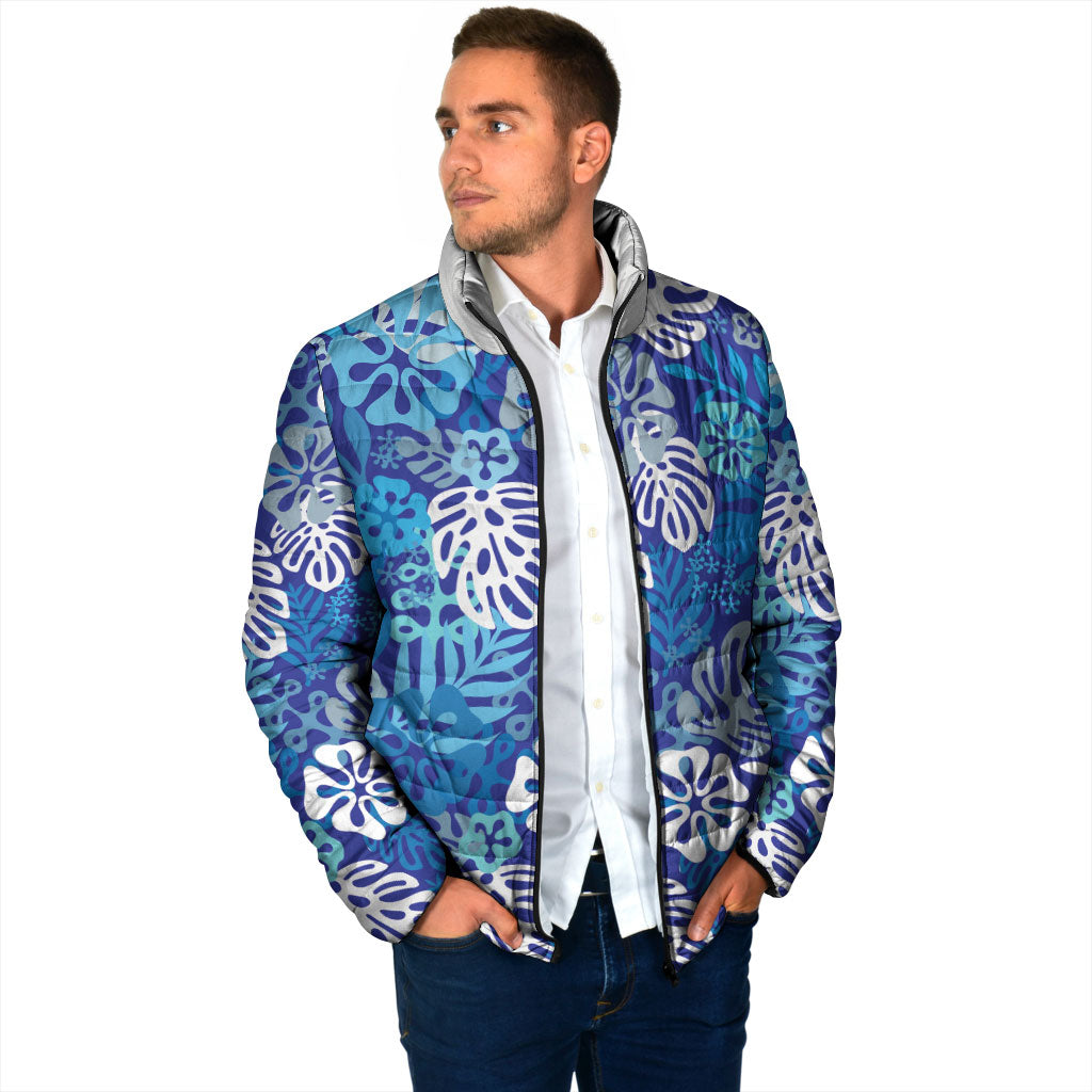 Blue Aloha Hawaiian Padded Jacket Monstera Hibiscus Tropical Pattern