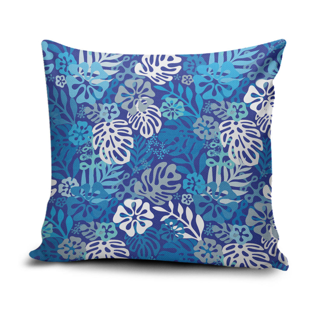 Blue Aloha Hawaiian Pillow Cover Monstera Hibiscus Tropical Pattern