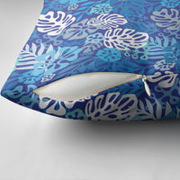 Blue Aloha Hawaiian Pillow Cover Monstera Hibiscus Tropical Pattern