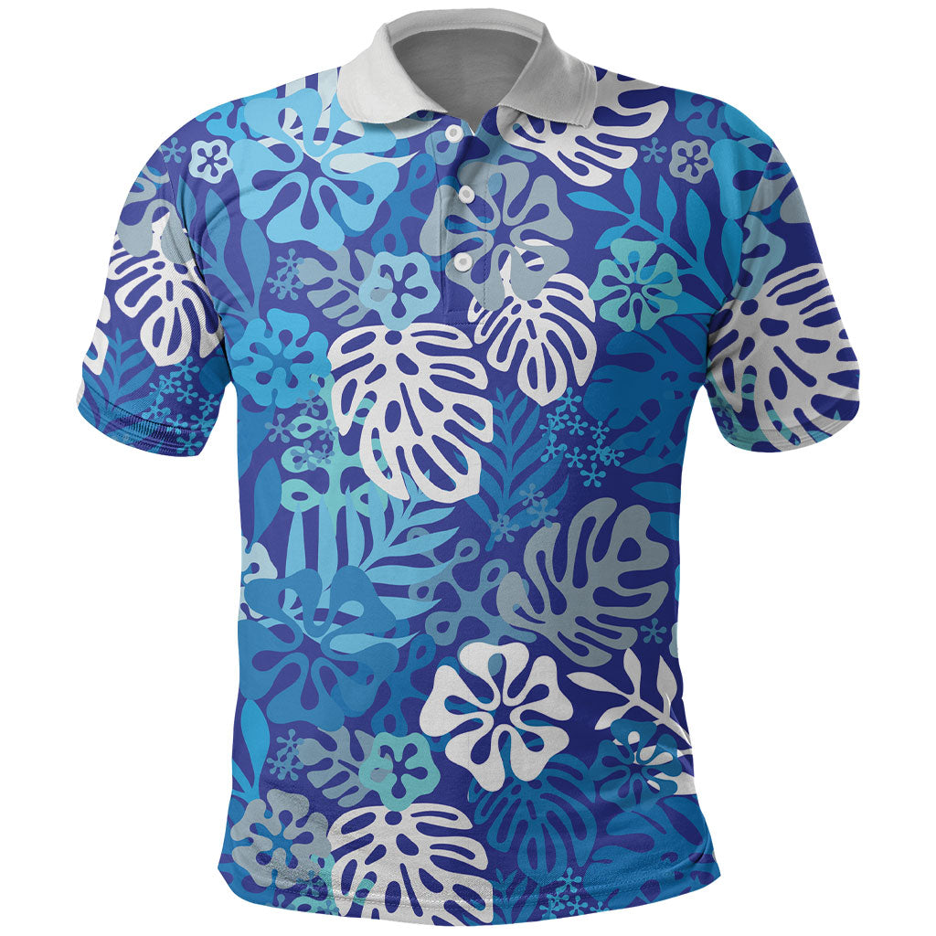 Blue Aloha Hawaiian Polo Shirt Monstera Hibiscus Tropical Pattern