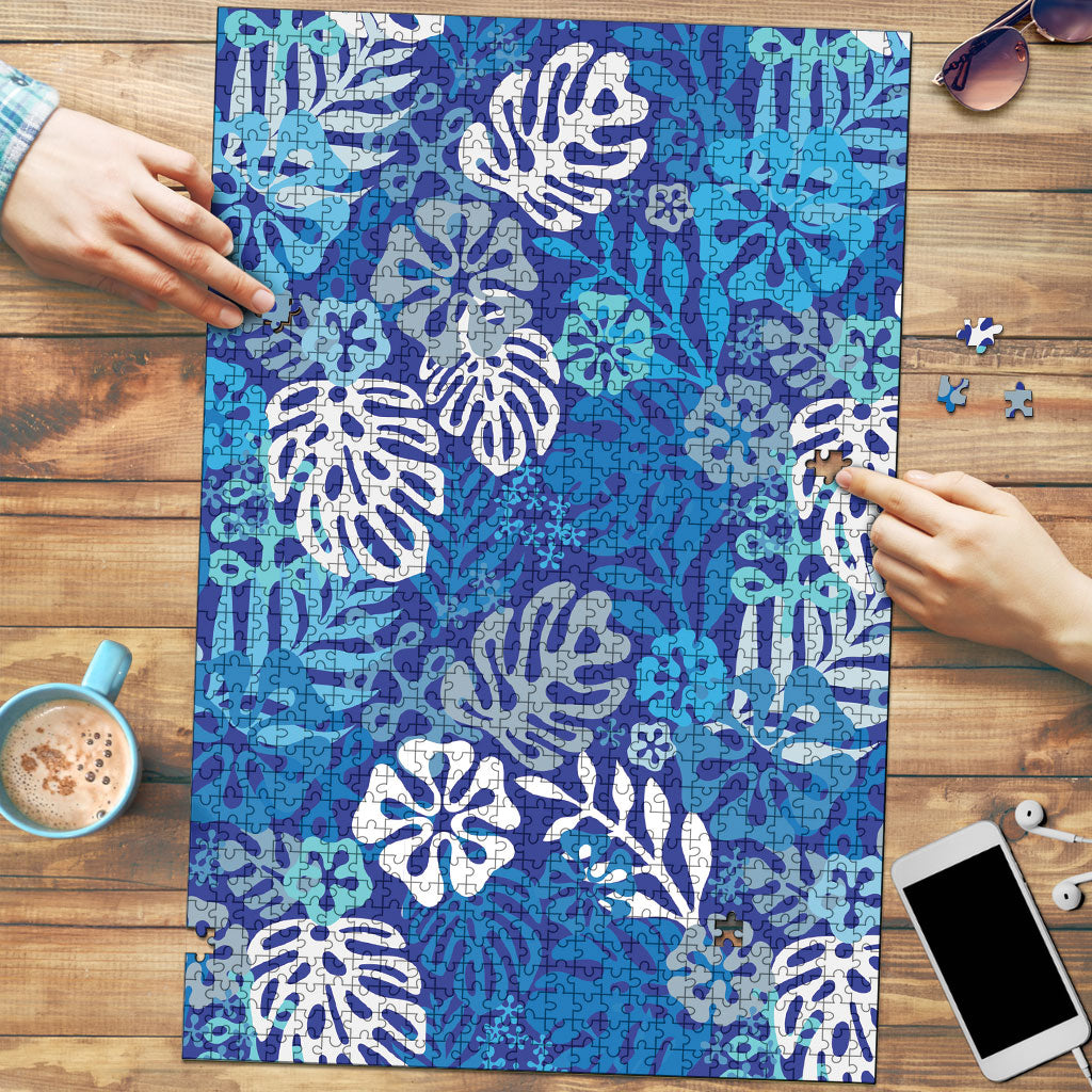 Blue Aloha Hawaiian Puzzle Monstera Hibiscus Tropical Pattern LT19 Blue - Polynesian Pride