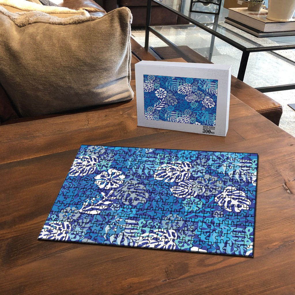 Blue Aloha Hawaiian Puzzle Monstera Hibiscus Tropical Pattern