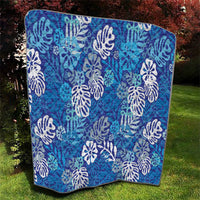 Blue Aloha Hawaiian Quilt Monstera Hibiscus Tropical Pattern