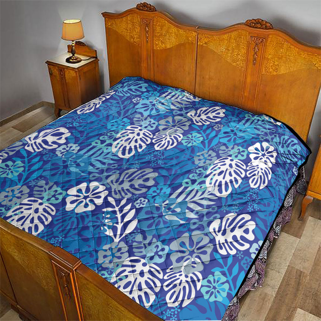 Blue Aloha Hawaiian Quilt Monstera Hibiscus Tropical Pattern