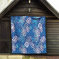 Blue Aloha Hawaiian Quilt Monstera Hibiscus Tropical Pattern