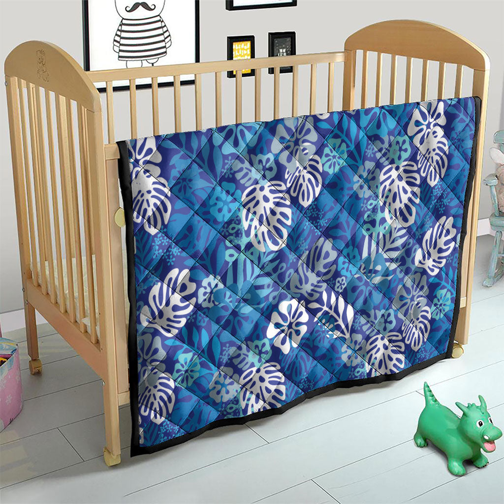 Blue Aloha Hawaiian Quilt Monstera Hibiscus Tropical Pattern