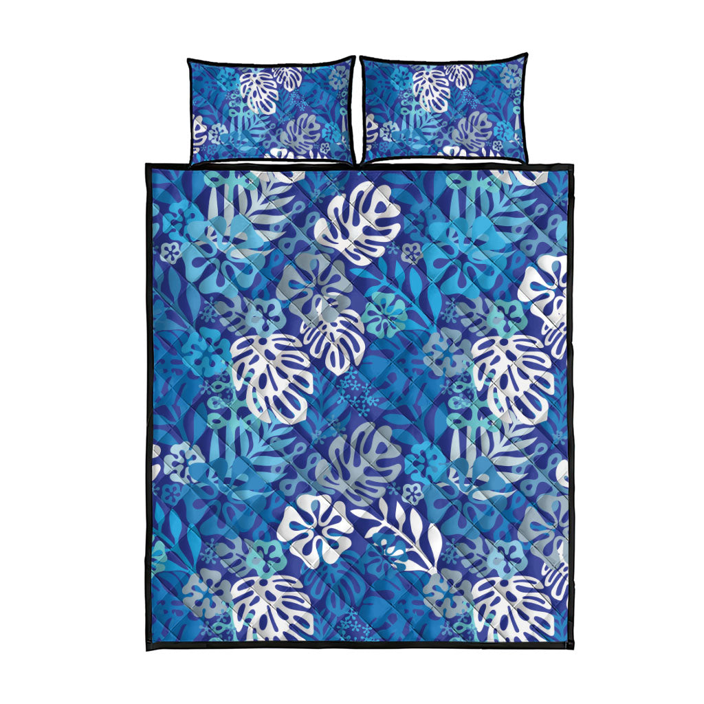 Blue Aloha Hawaiian Quilt Bed Set Monstera Hibiscus Tropical Pattern