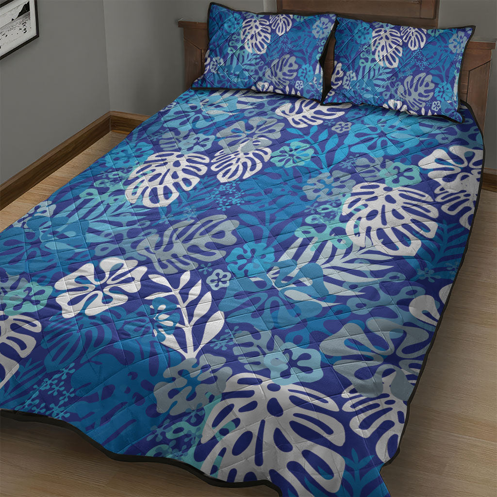 Blue Aloha Hawaiian Quilt Bed Set Monstera Hibiscus Tropical Pattern