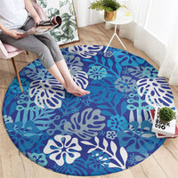 Blue Aloha Hawaiian Round Carpet Monstera Hibiscus Tropical Pattern