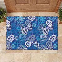 Blue Aloha Hawaiian Rubber Doormat Monstera Hibiscus Tropical Pattern