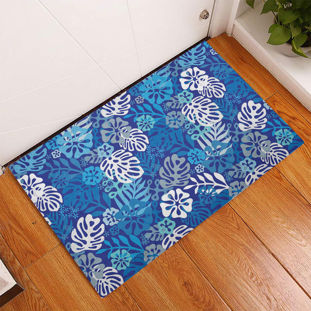 Blue Aloha Hawaiian Rubber Doormat Monstera Hibiscus Tropical Pattern