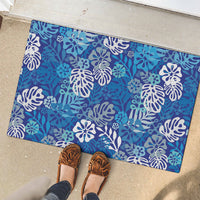 Blue Aloha Hawaiian Rubber Doormat Monstera Hibiscus Tropical Pattern