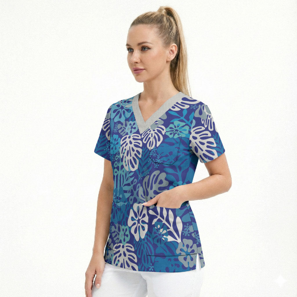 Blue Aloha Hawaiian Scrub Top Monstera Hibiscus Tropical Pattern