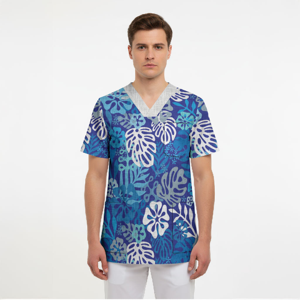 Blue Aloha Hawaiian Scrub Top Monstera Hibiscus Tropical Pattern