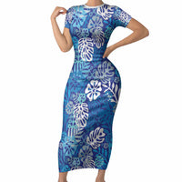 Blue Aloha Hawaiian Short Sleeve Bodycon Dress Monstera Hibiscus Tropical Pattern