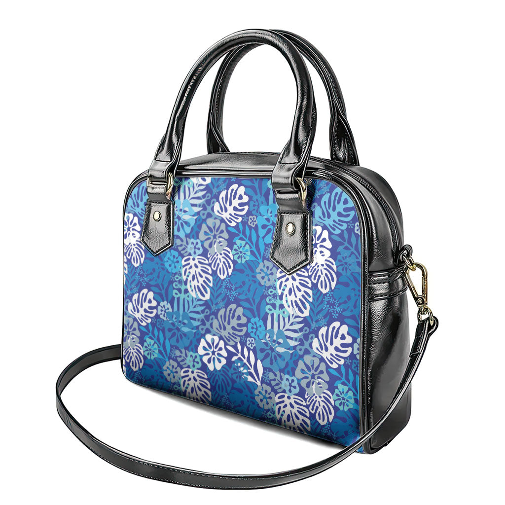Blue Aloha Hawaiian Shoulder Handbag Monstera Hibiscus Tropical Pattern