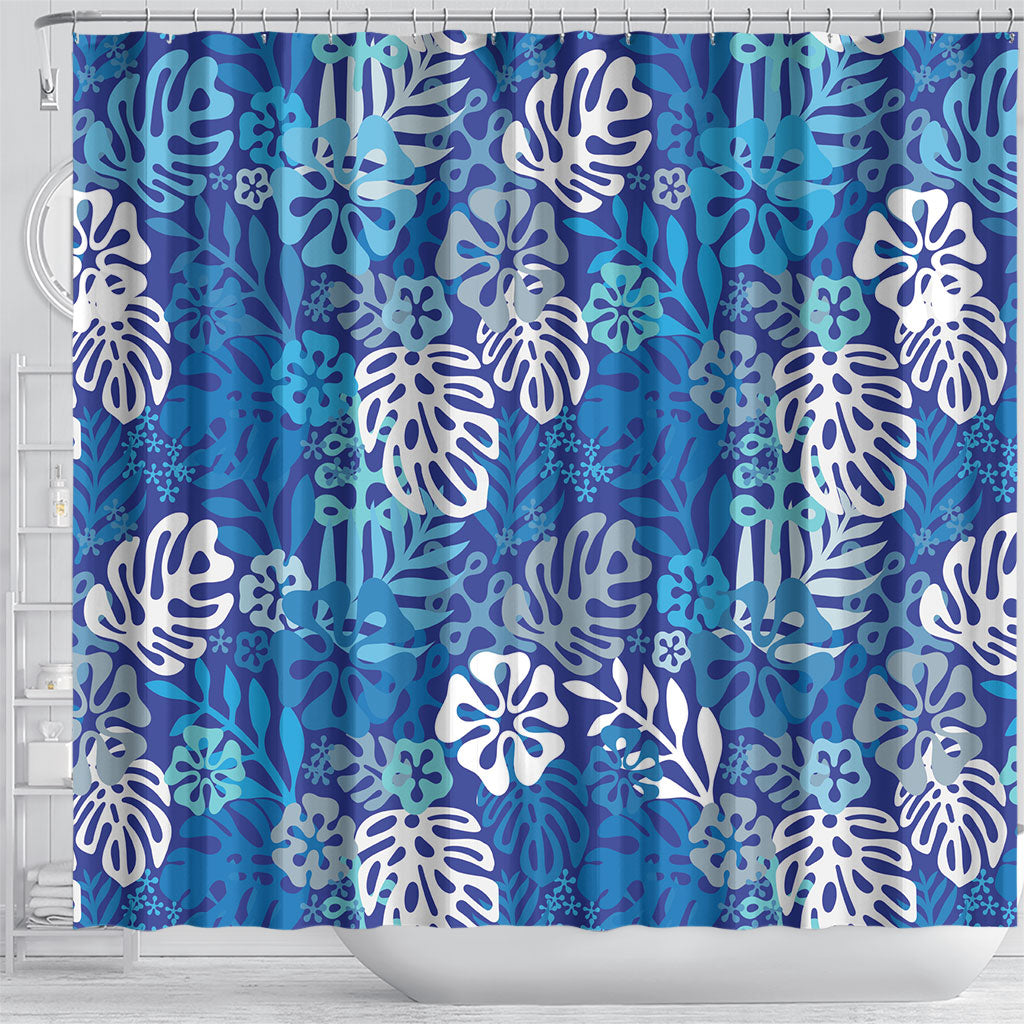 Blue Aloha Hawaiian Shower Curtain Monstera Hibiscus Tropical Pattern