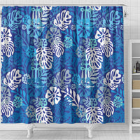 Blue Aloha Hawaiian Shower Curtain Monstera Hibiscus Tropical Pattern