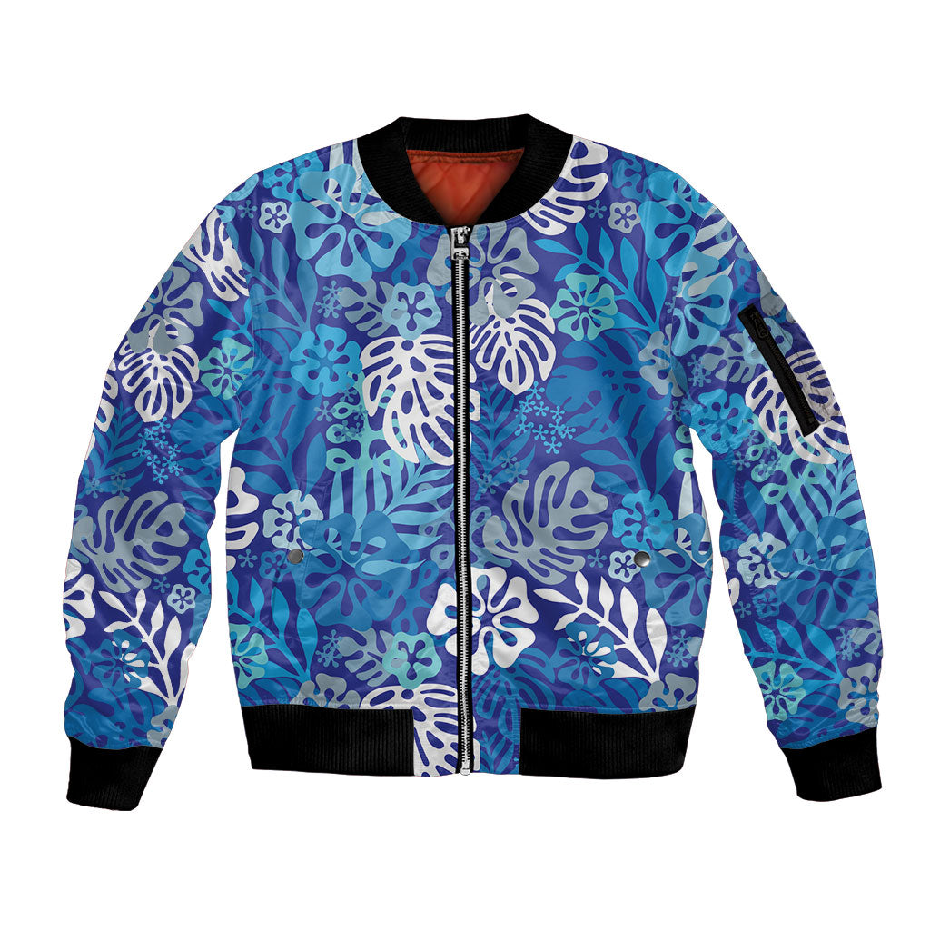 Blue Aloha Hawaiian Sleeve Zip Bomber Jacket Monstera Hibiscus Tropical Pattern