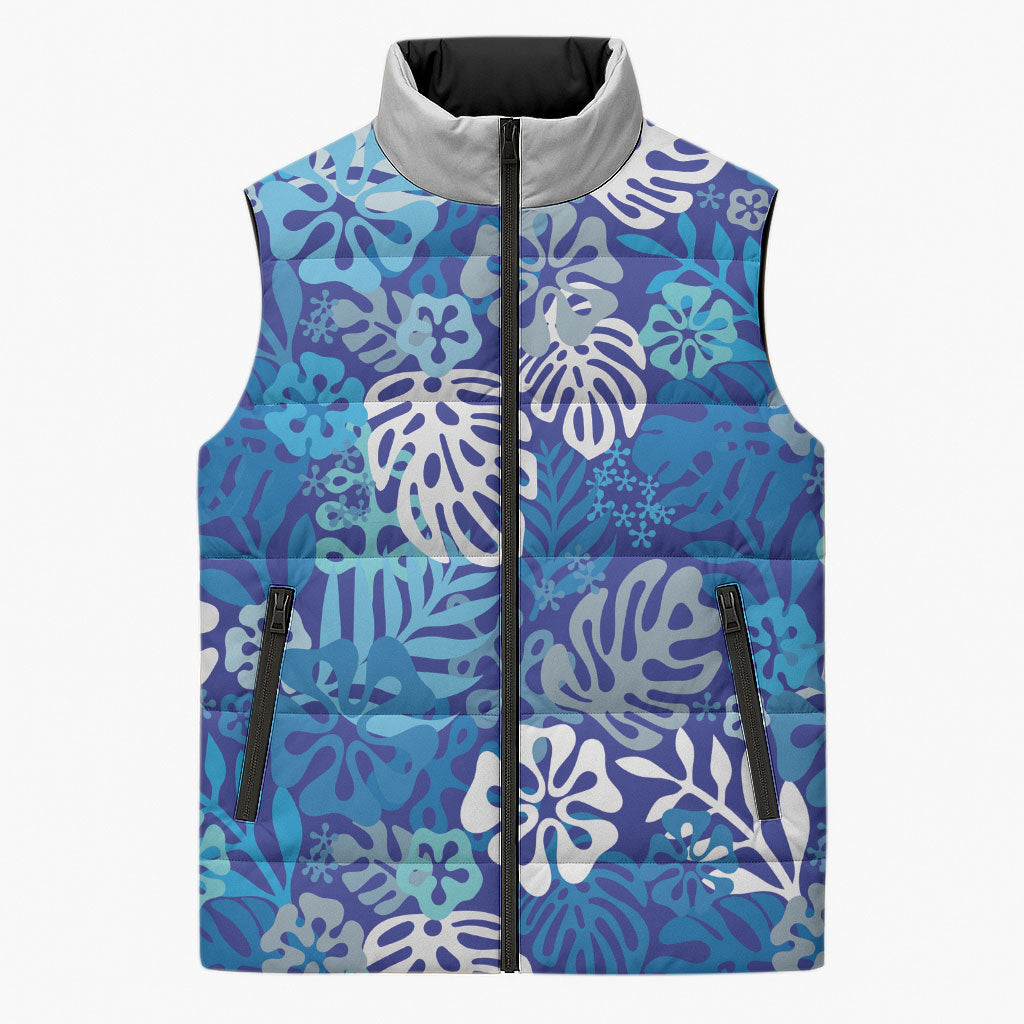 Blue Aloha Hawaiian Sleeveless Puffer Jacket Monstera Hibiscus Tropical Pattern LT19 Unisex Blue - Polynesian Pride